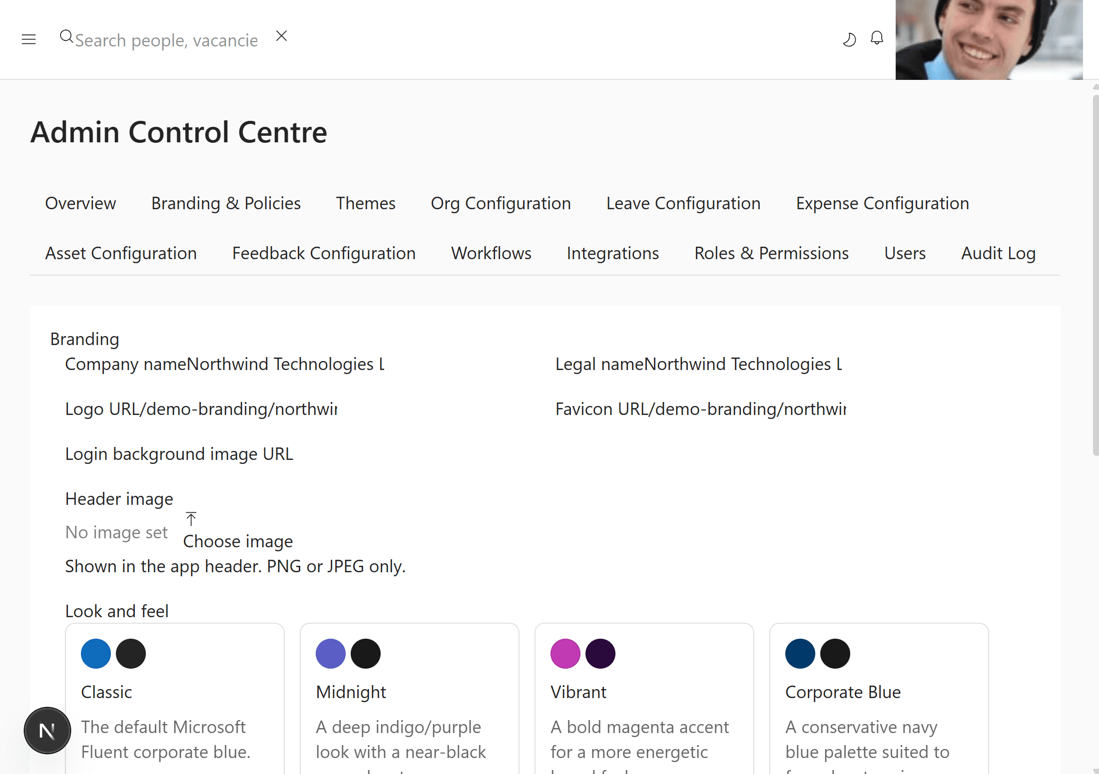 Company branding settings showing logo, favicon and look-and-feel options