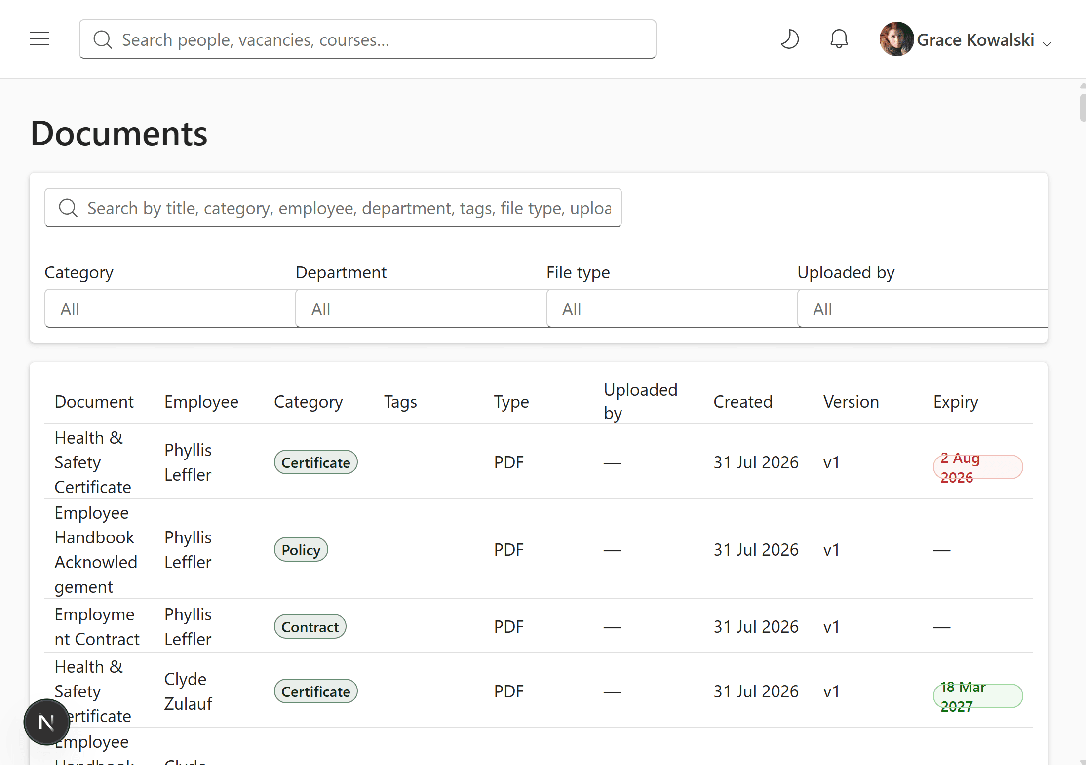 Documents module with global search and filters by category, department, file type and uploader