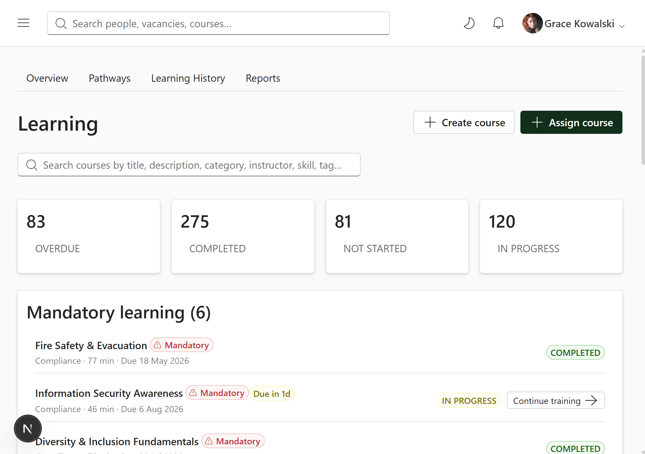 Learning module showing mandatory and optional courses with completion status