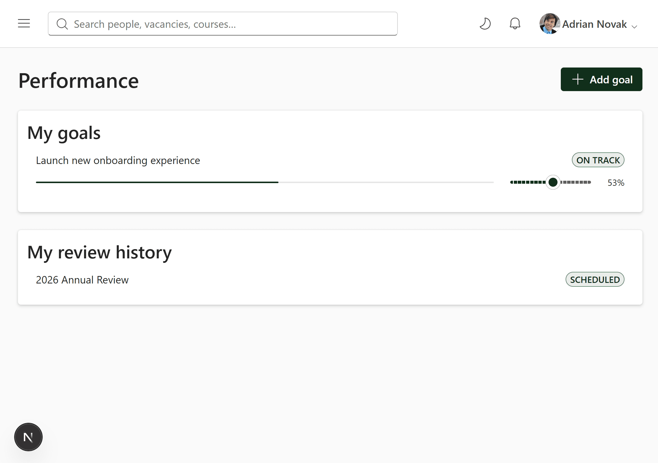Performance module showing goals with progress bars and review history