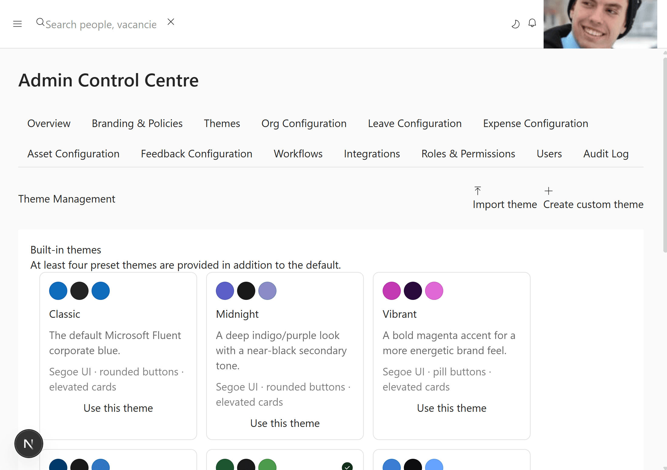 Theme Management screen showing built-in theme presets: Classic, Midnight, Vibrant, Corporate Blue, Forest Green, Midnight Dark and Modern Purple