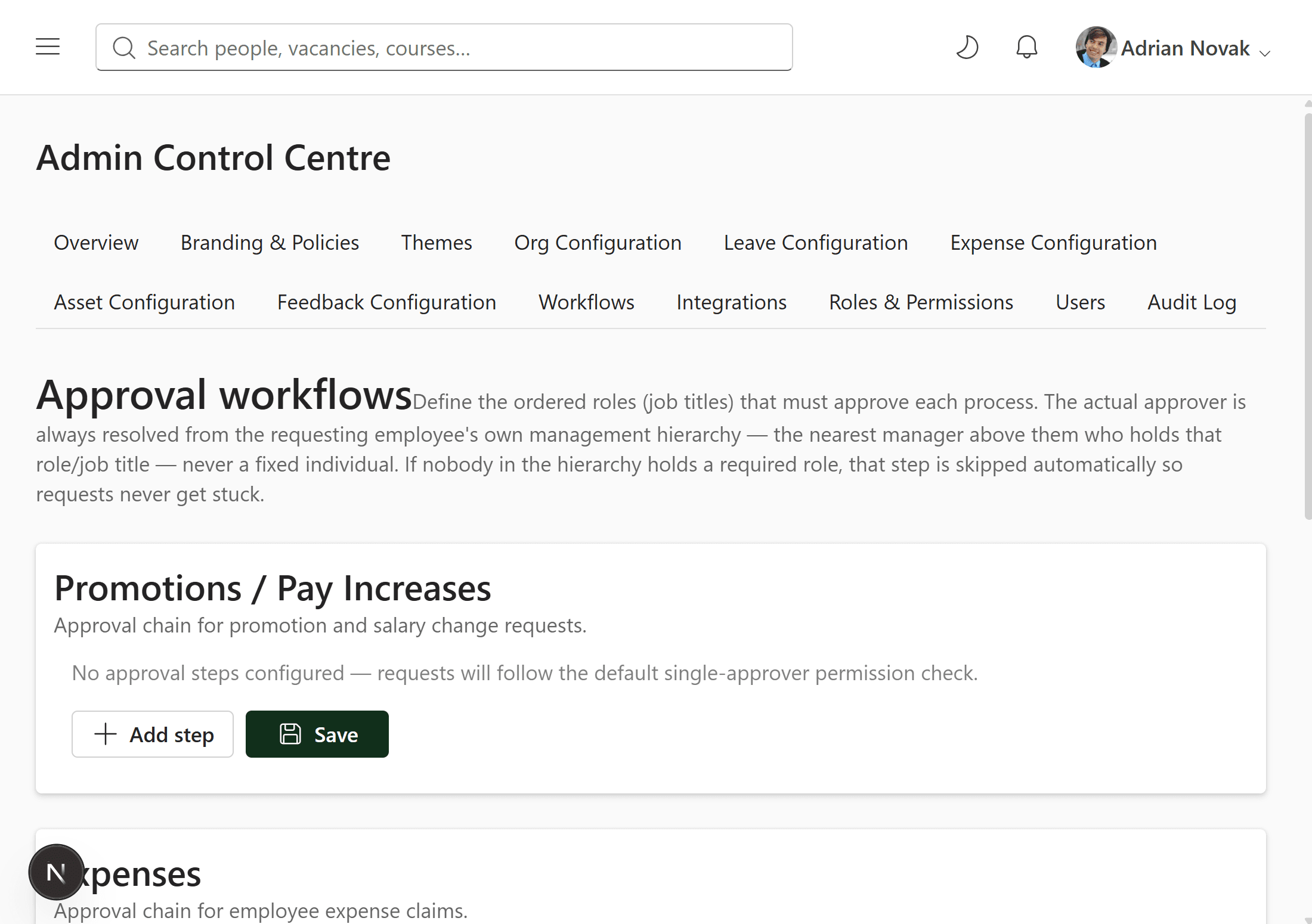 Admin Control Centre workflow configuration screen