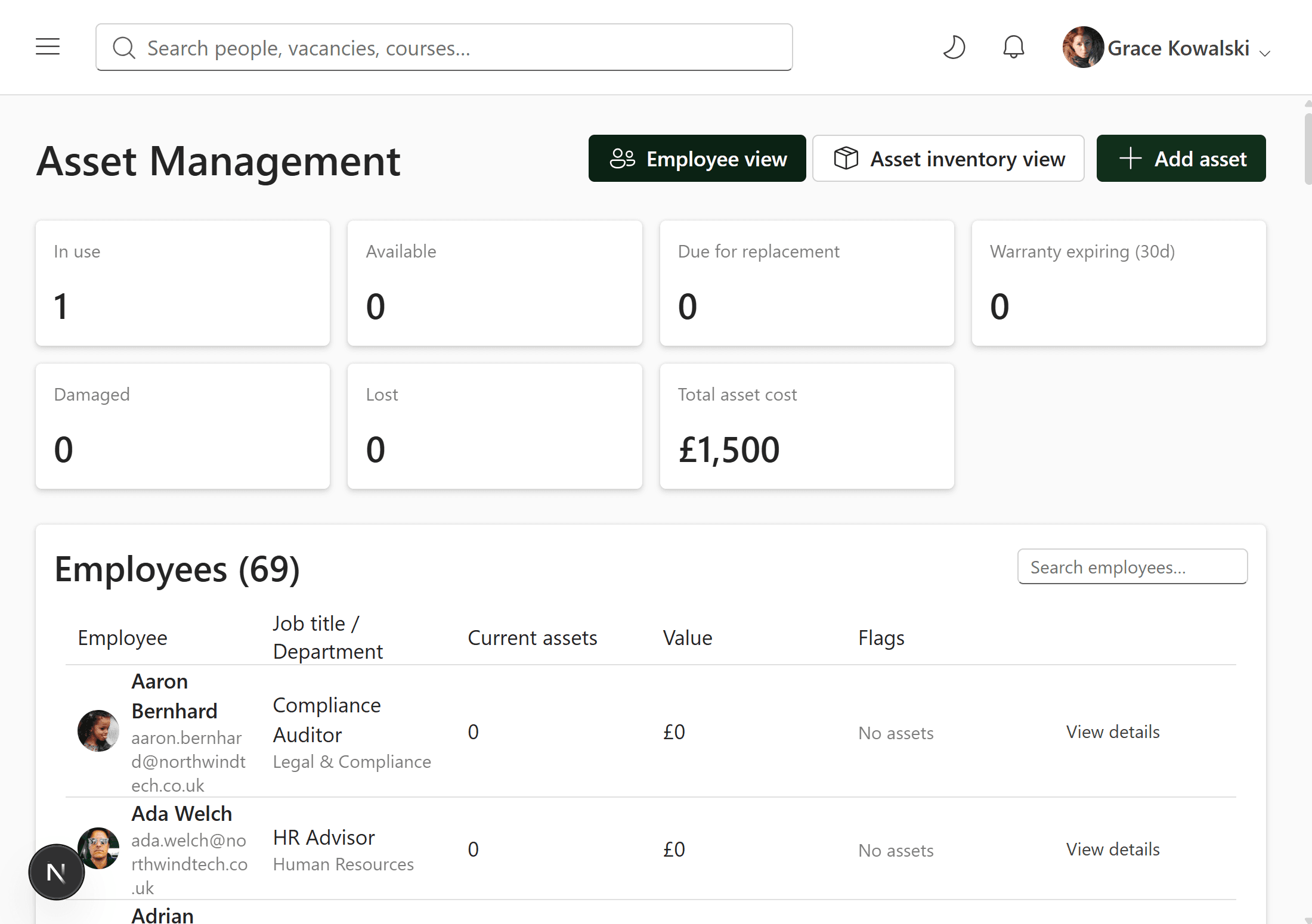 Asset Management dashboard showing assets in use, available, damaged and due for replacement