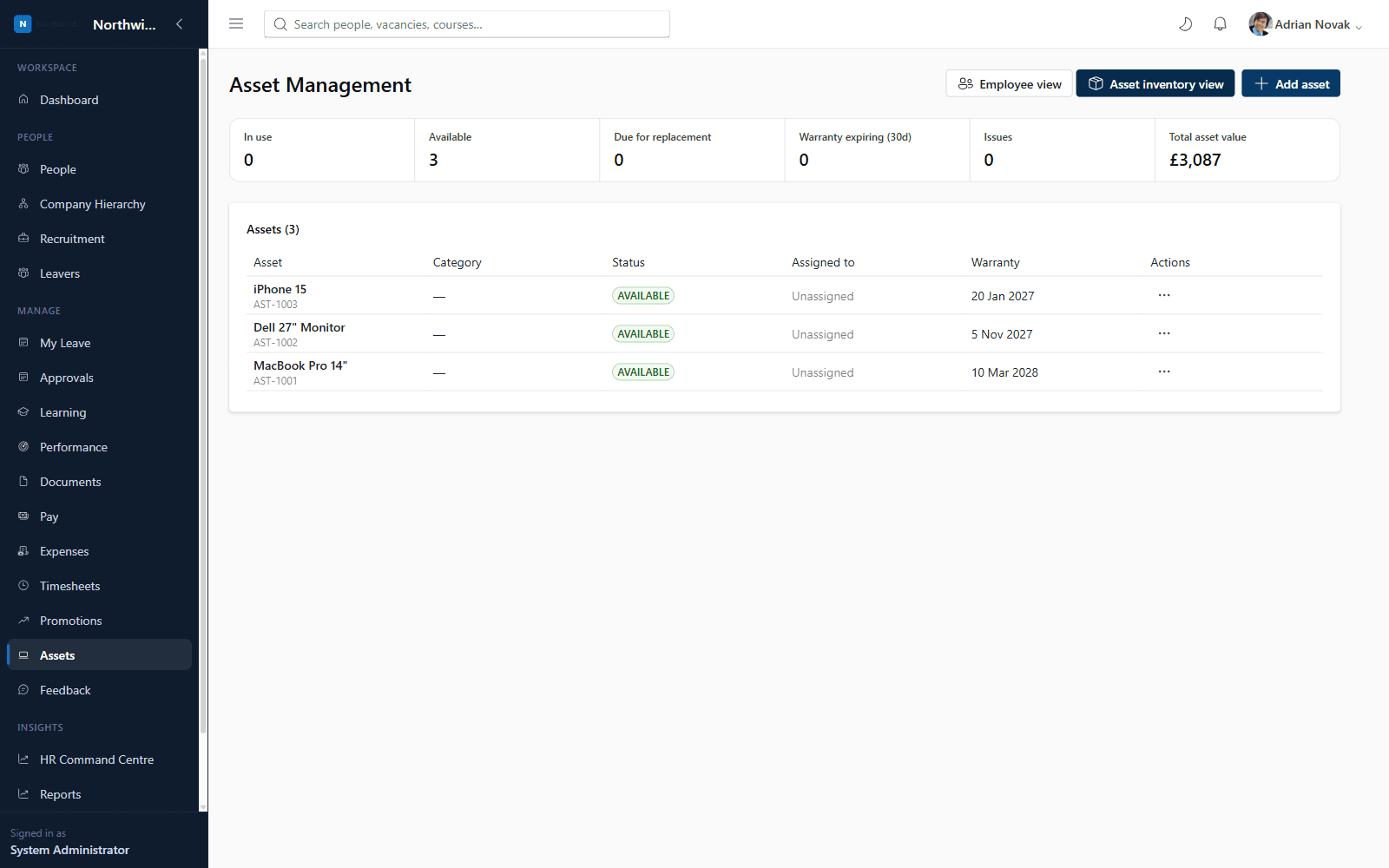 Asset Management dashboard showing assets in use, available, warranty status and total asset value, with an inventory list of registered equipment