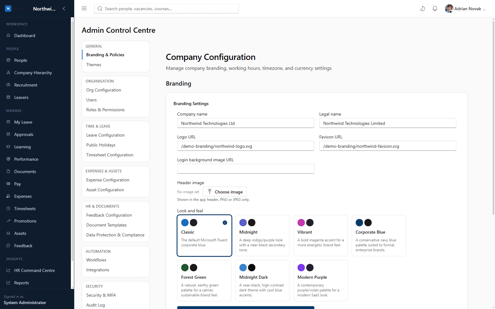 Company branding settings showing logo, favicon and look-and-feel options