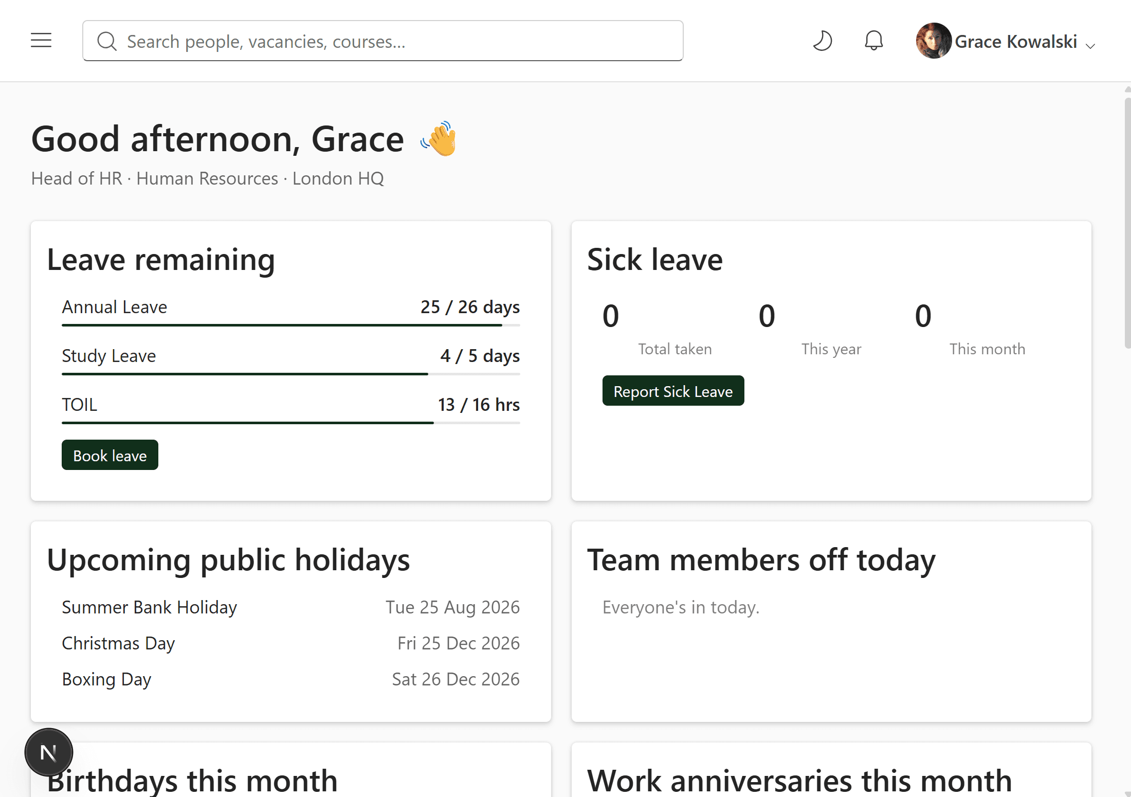Axel Henry employee dashboard showing leave balances, learning due and company announcements