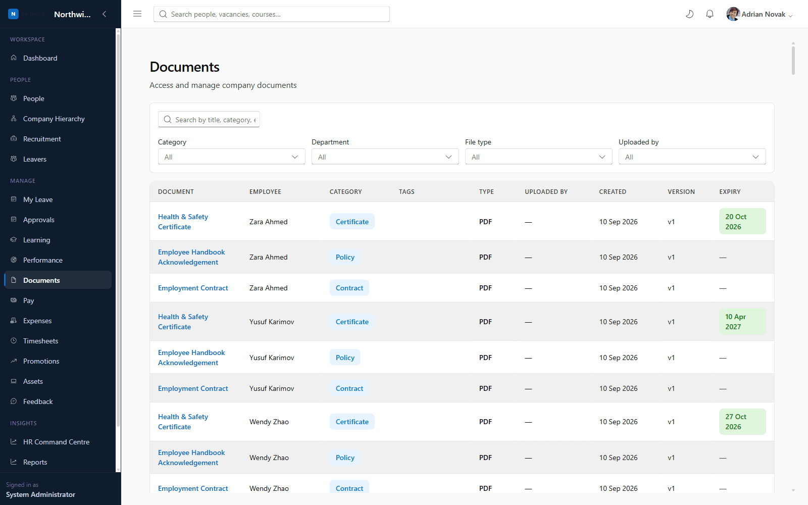 Documents module with global search and filters by category, department, file type and uploader