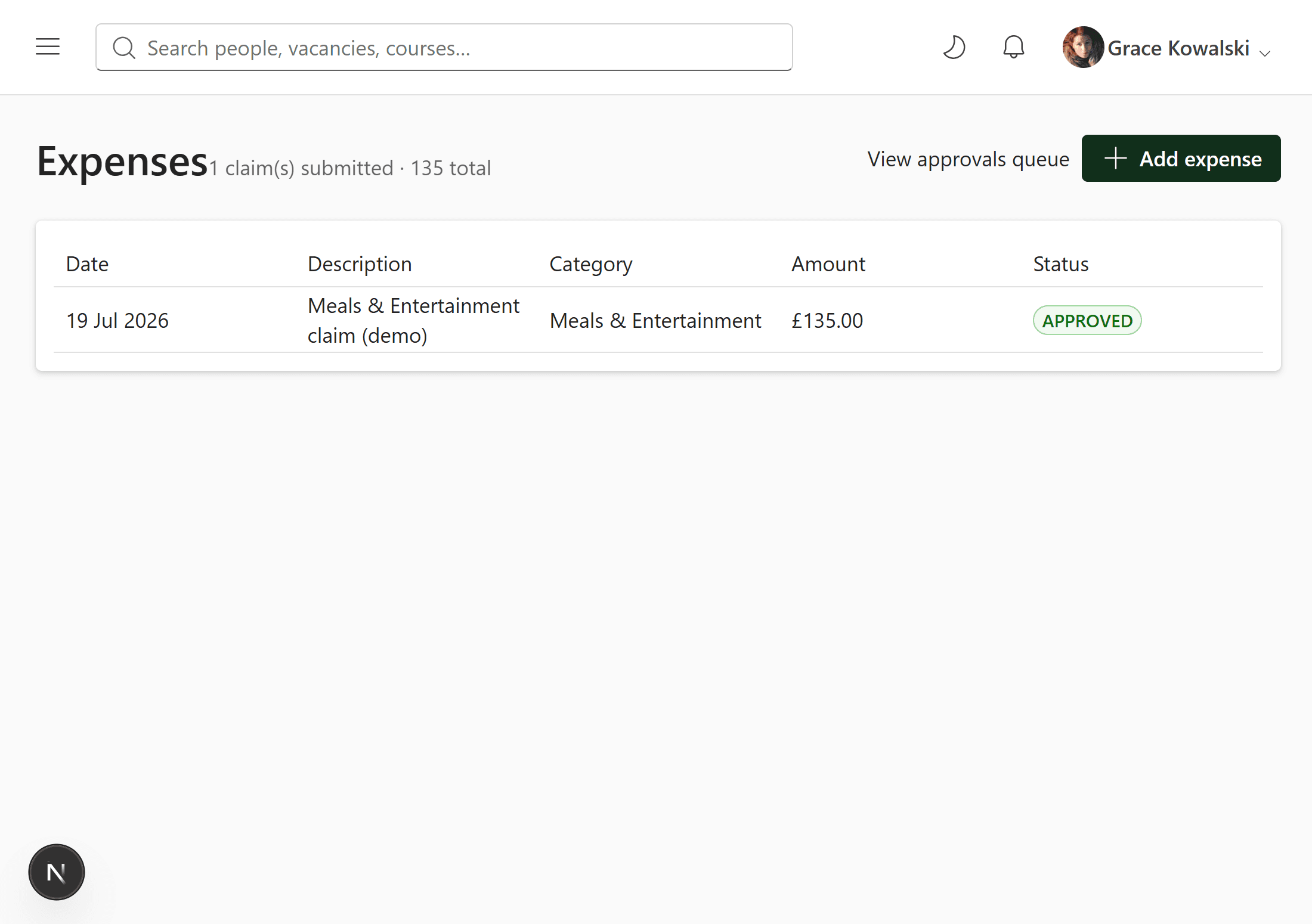Expenses screen showing claim history and status