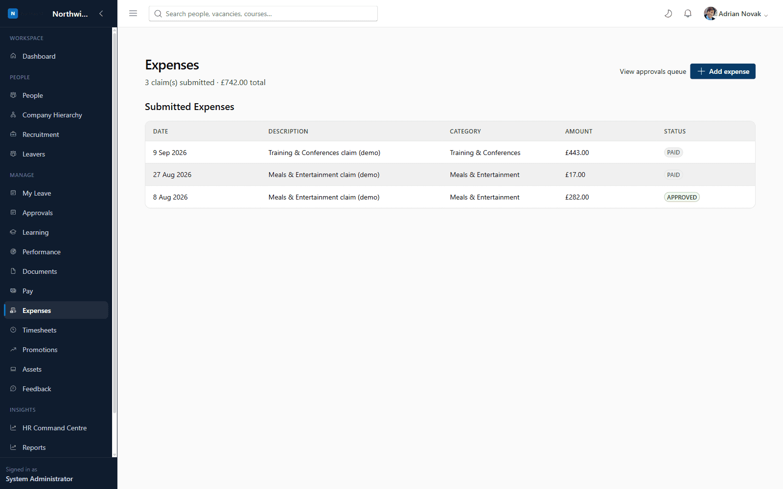 Expenses screen showing claim history and status