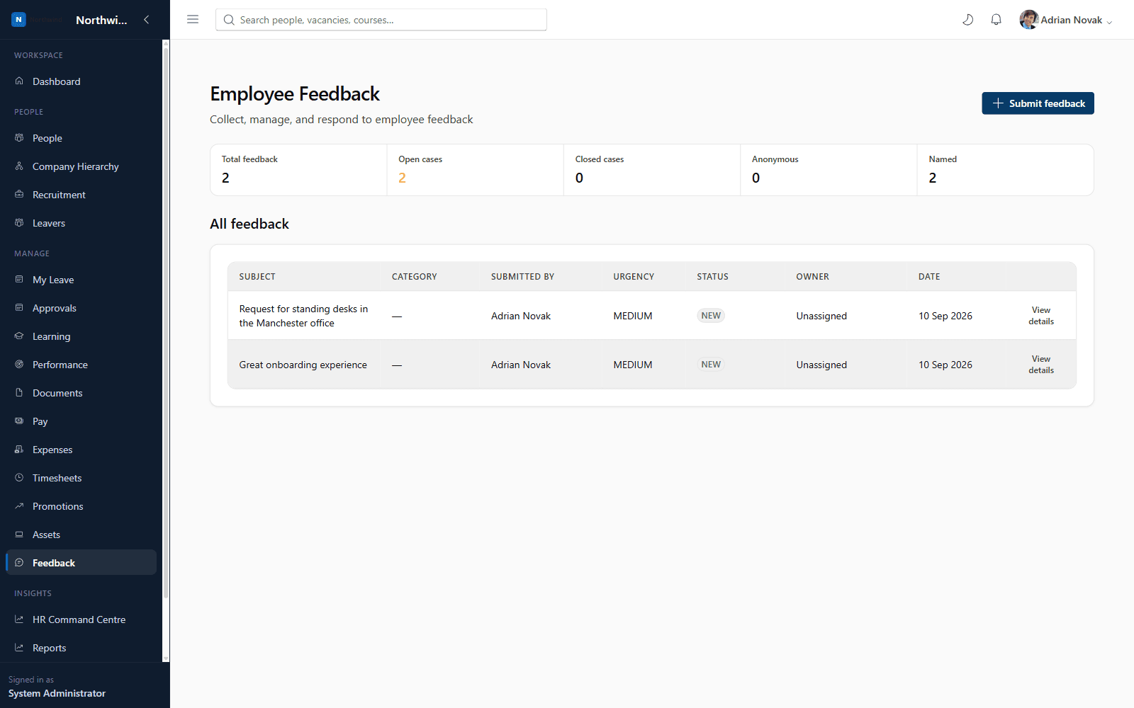Employee Feedback dashboard showing total, open and closed cases and a list of submitted feedback with subject, urgency and status