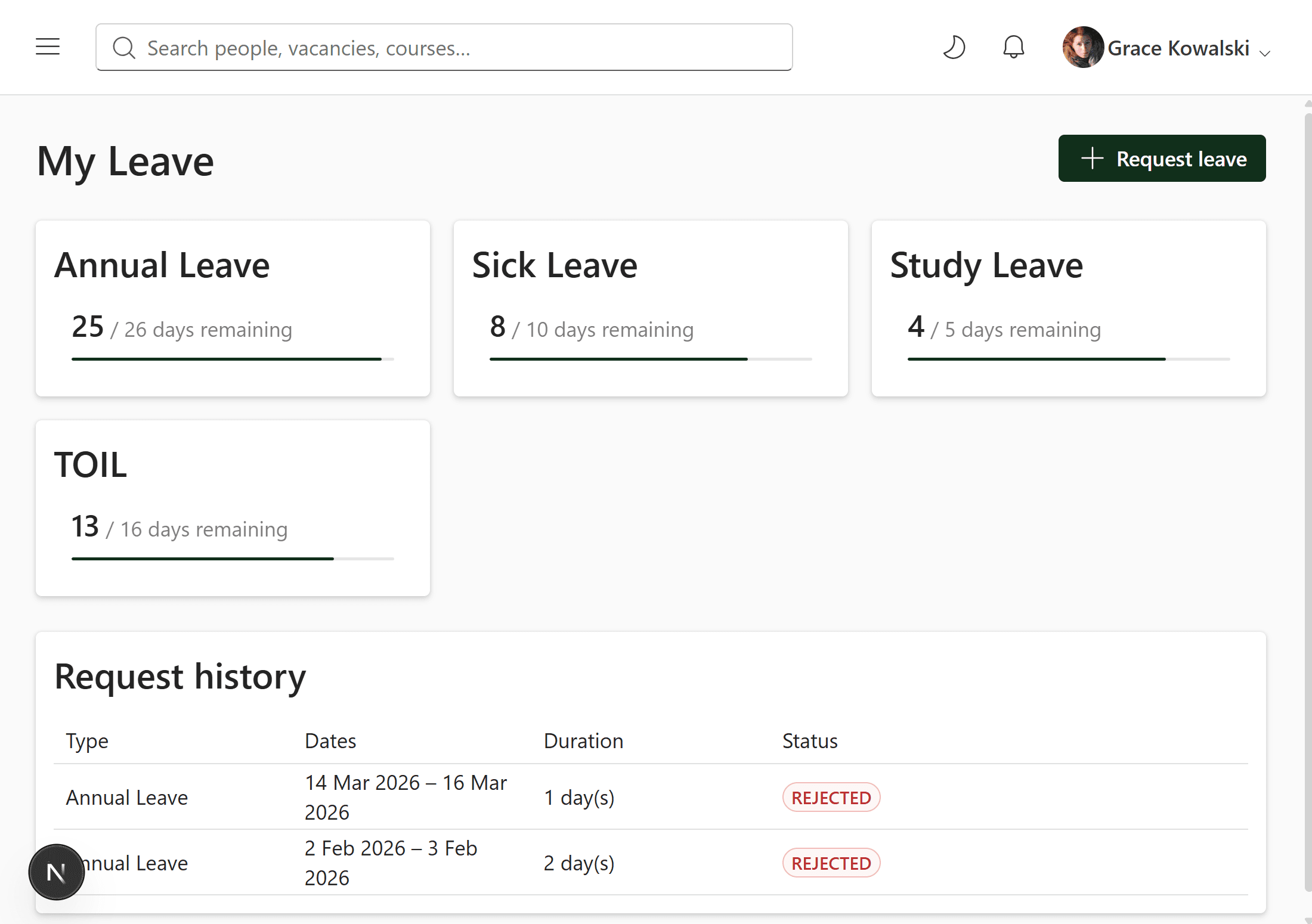 Axel Henry on mobile showing My Leave balances and request history