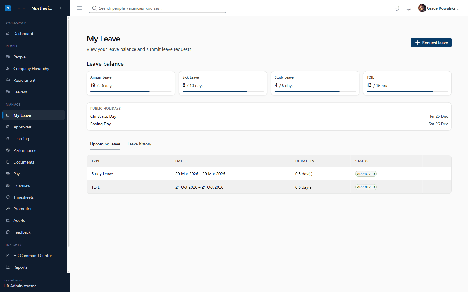 Axel Henry on mobile showing My Leave balances and request history