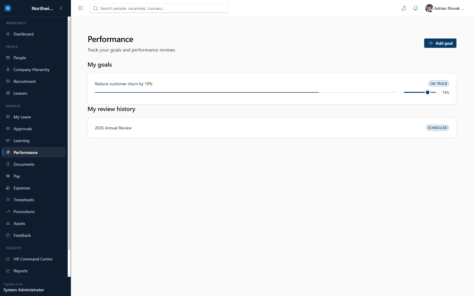 Performance module showing goals with progress bars and review history