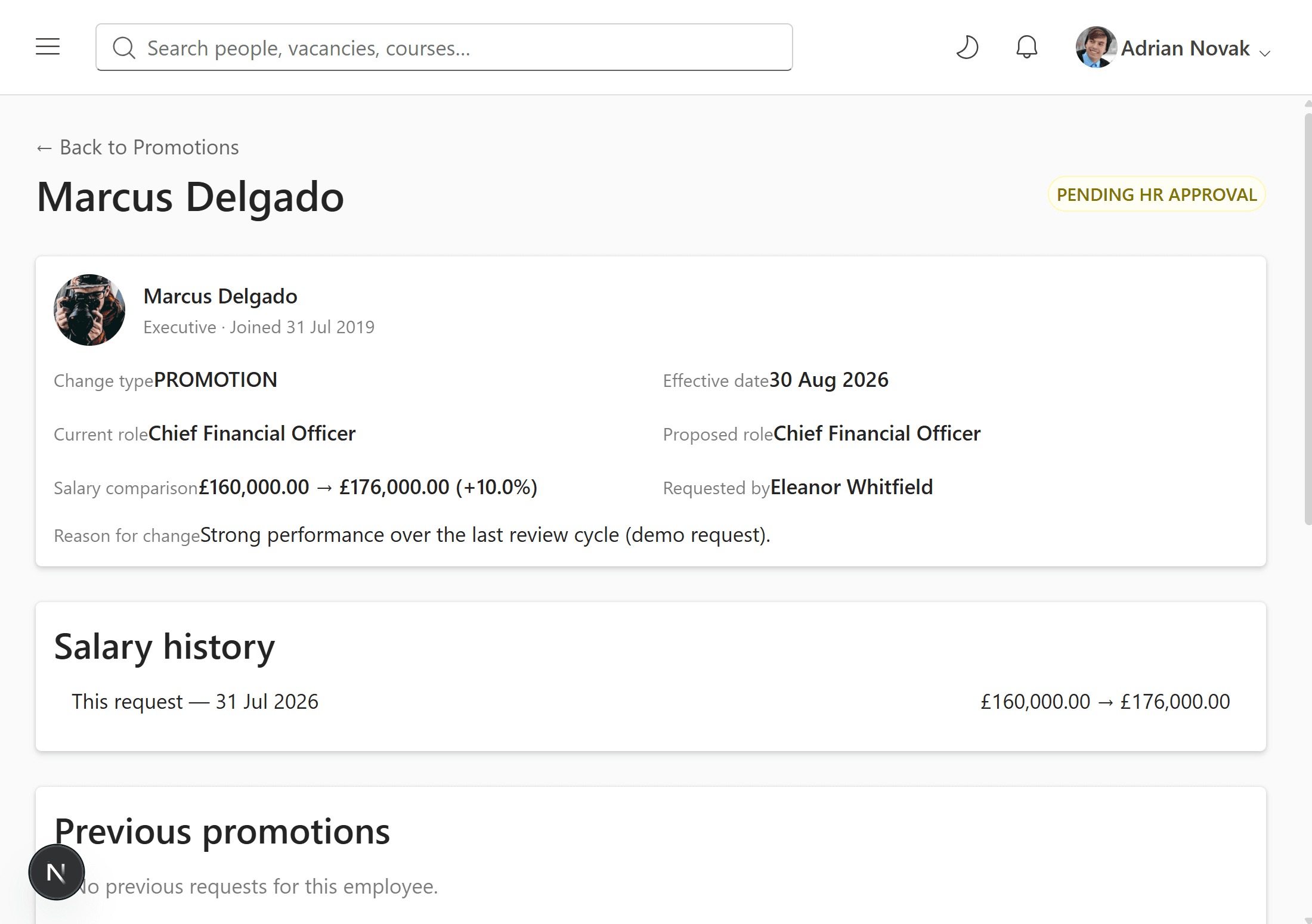Promotion request detail screen showing salary comparison, history and decision panel
