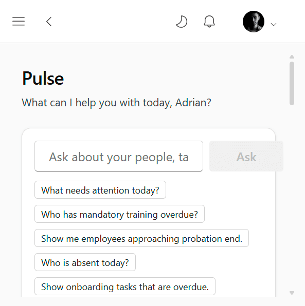 Axel Henry Pulse page showing the ask box and role-aware suggested prompts