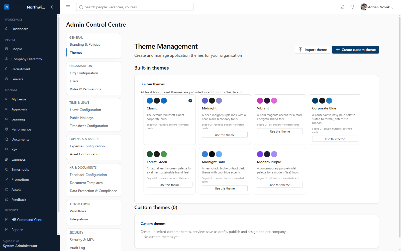 Theme Management screen showing built-in theme presets: Classic, Midnight, Vibrant, Corporate Blue, Forest Green, Midnight Dark and Modern Purple