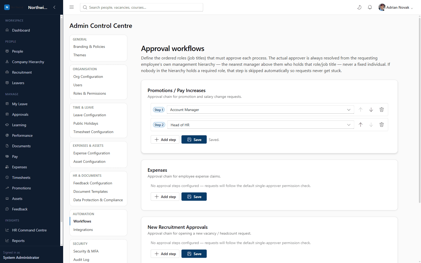 Admin Control Centre workflow configuration screen